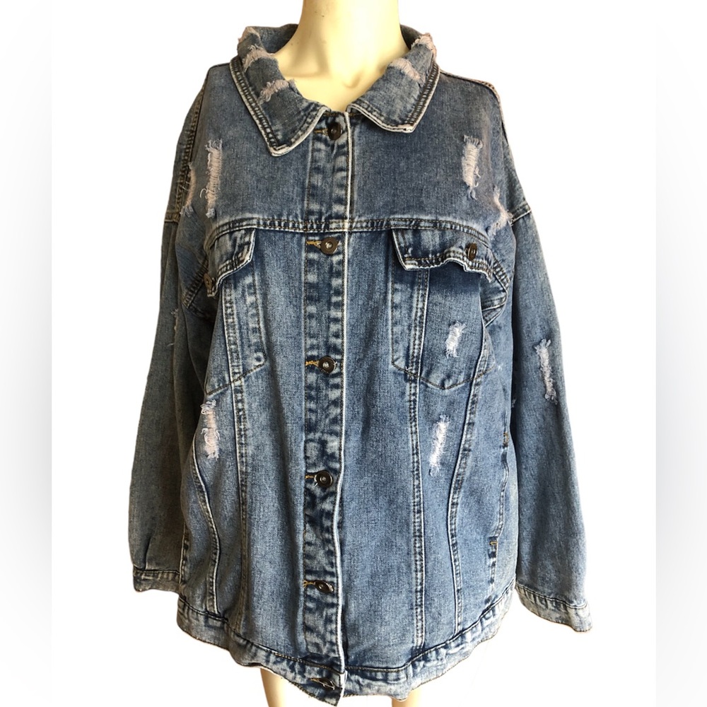 Distressed Plushe Cotton Button Down Jean Jacket